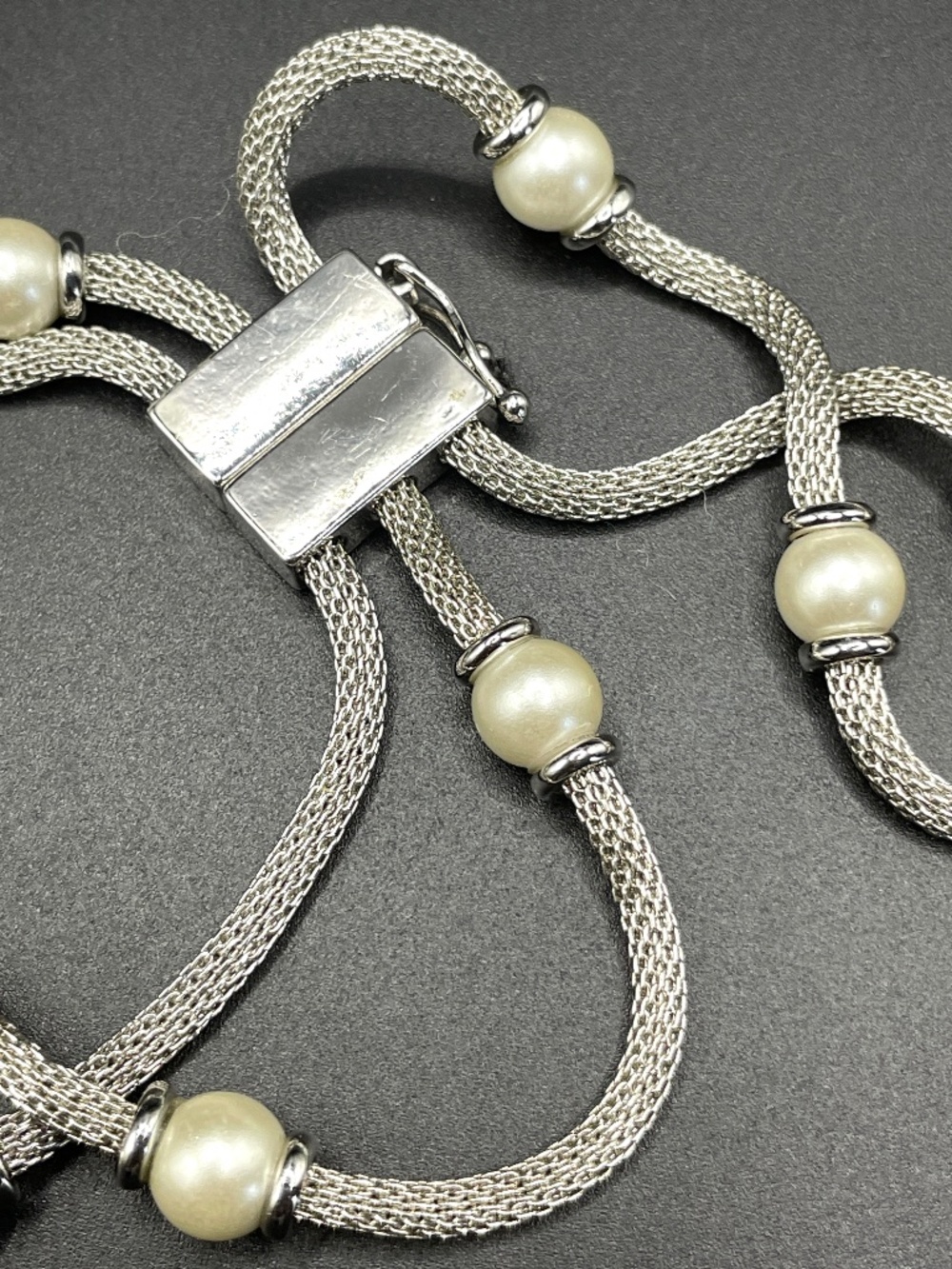 Anne Klein 3 Row Silver Tone Mesh Faux Pearl Bracelet 7 1/2" - Picture 6 of 14